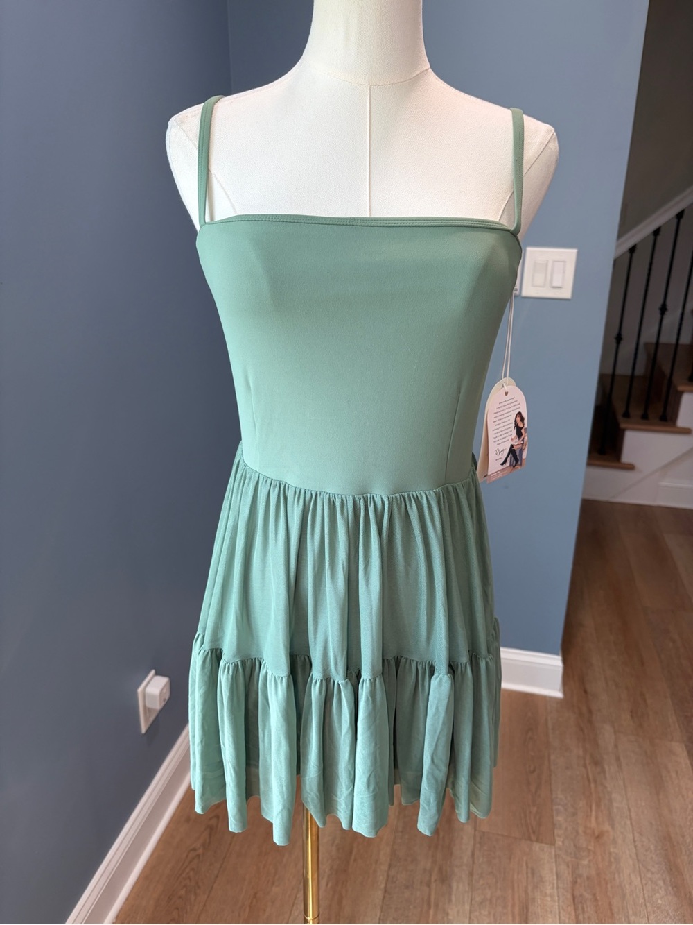 Blogilates Ballerina Dress Hedge Green Built In Shorts Tiered Mesh NWT Medium